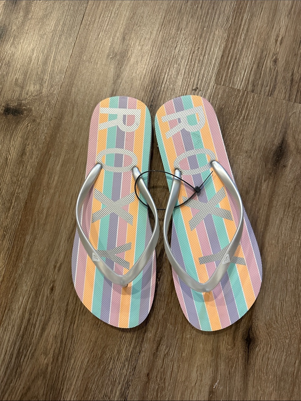 Roxy Women's Pastel Multi-Stripe Flip Flops with Silver Straps